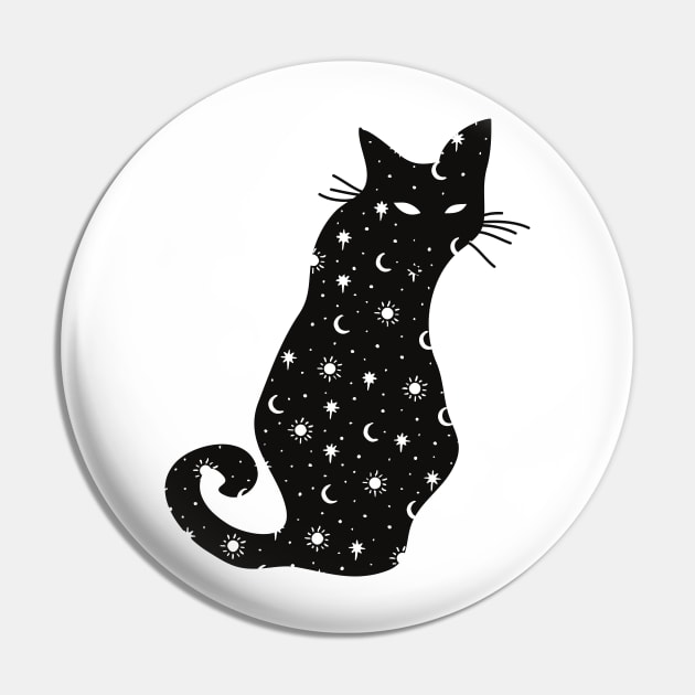 Black Cat Silhouette with moon, sun and stars Pin by From Mars