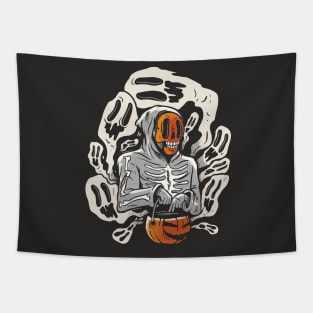 Skeleton Surrounded by Ghosts Trick or Treating Tapestry