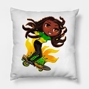 Jamaica jumper women skateboarding girl manga anime girl Jamaican girl on skateboard wearing jumper with colours of Jamaican flag black green and yellow women Pillow