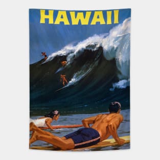 Vintage Travel Poster Hawaii Surfer Tapestry