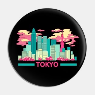 The colorful Tokyo skyscrapers and the cherry blossom on the black background Pin