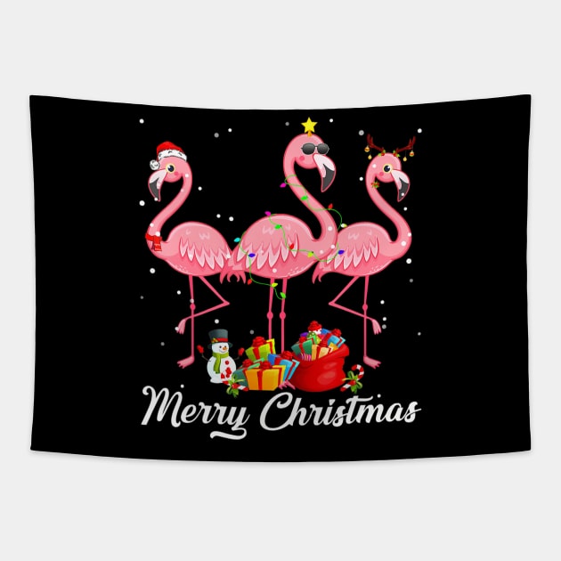 Funny Christmas Flamingo Reindeers Christmas Lights Pajama Tapestry by mccloysitarh