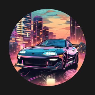 Toyota Supra MKIV inspired car in front of a modern city skyline blue pink T-Shirt