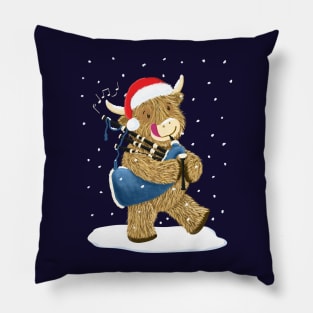 Scottish Highland Cow Piper Plays Bagpipes In Christmas Snow Pillow