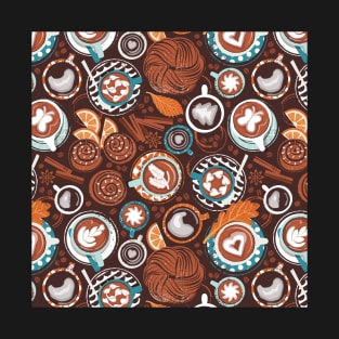 Love hugs in coffee mugs // pattern // expresso brown background lagoon orange and aqua cups and plates autumn leaves delicious cinnamon buns and cakes coffee stains and beans T-Shirt