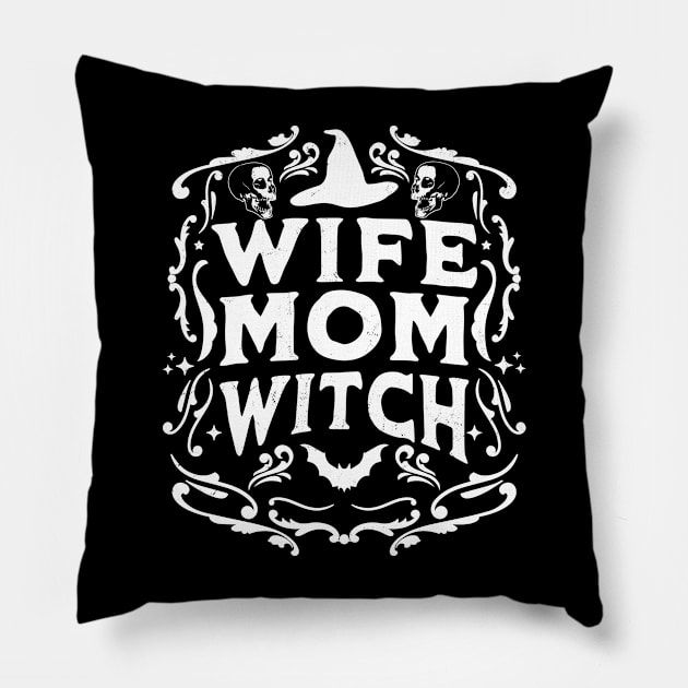 Wife Mom Witch Funny Halloween Mothers Day Witchcraft Retro Pillow by OrangeMonkeyArt