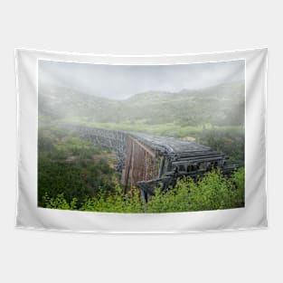 Old Broken Railway Bridge in Foggy Day Tapestry