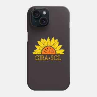 Half sunflower. Half sunflower. Word Sunflower in Spanish and golden strokes. Phone Case