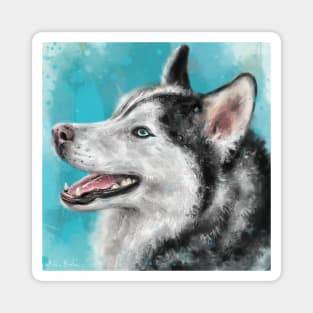 Adorable Siberian Husky Painting Smiling on Blue background Magnet