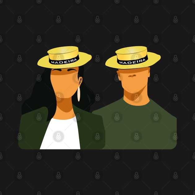 Madeira Island female and male couple no face illustration using the traditional straw hat by Donaby