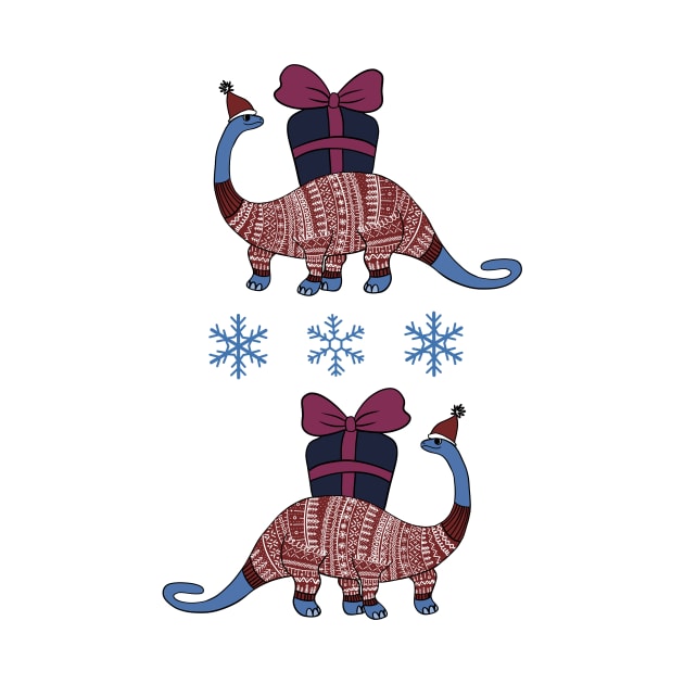 Cute blue dinosaur in red Christmas sweater by Ieva Li ART