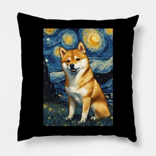 Shiba Inu Dog Breed Painting in a Van Gogh Starry Night Art Style Pillow