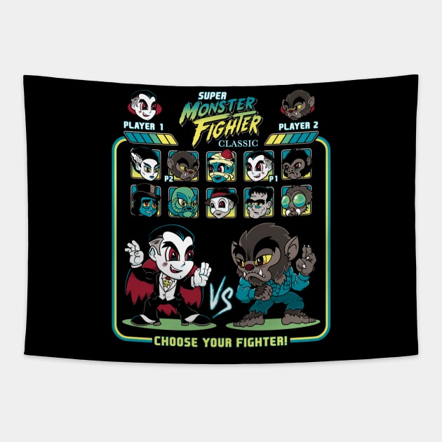 Super Monster Fighter - Cartoon Chibi Style - Retro Video Game - Classic Vintage Horror Tapestry by Nemons