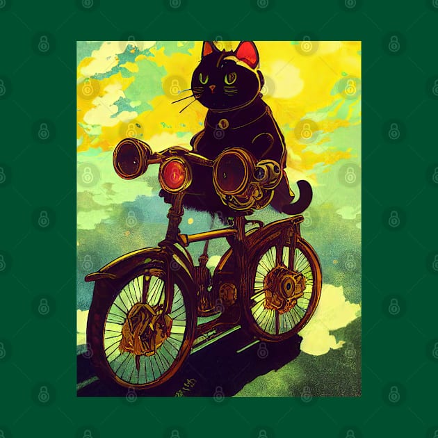 Black cat riding a bicycle by etherElric