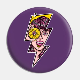 woman holding a donut with lightning shape Pin
