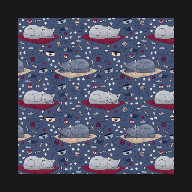 Sleepy Cat Dreams Pattern, Blue Grey by tanyadraws