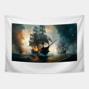 Naval Battle Between Pirate Sailing Ships, Caribbean Seascape #8 Tapestry