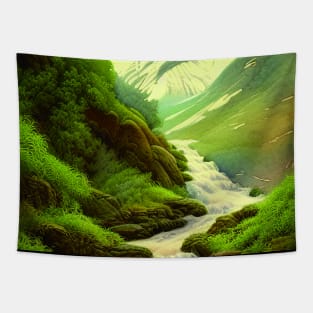 Digital painting of Mountains with Snow and River Tapestry