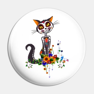 Funny cute sugar cat skeleton with flowers Pin