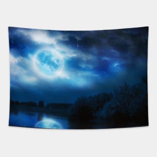 Full moon over river in valley Tapestry