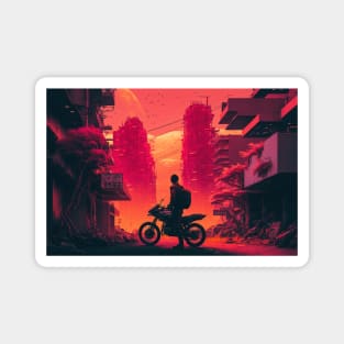 80s Synthwave Man On A Motorbike In Asian City Magnet