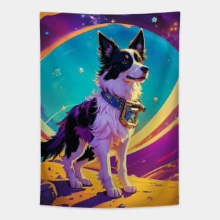 Retro Border collie dog travel in space Tapestry