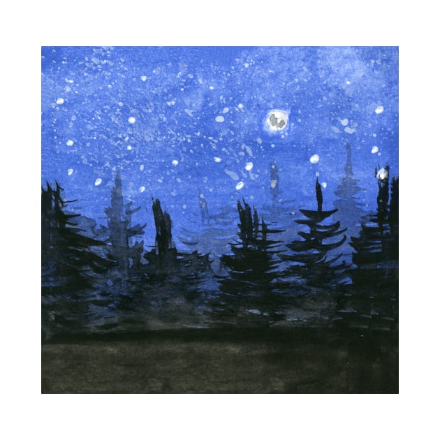 Moonlight at the Forest. Original Watercolor Painting by EugeniaAlvarez