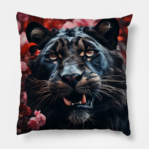 Floral Black Lion Pillow by Shibuz4.art