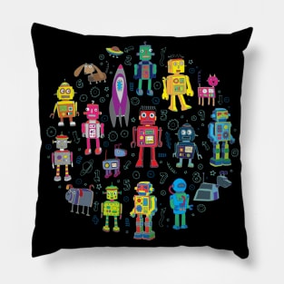 Robots in Space - bright retro robot circle Pillow