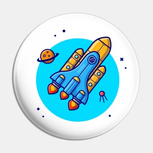 Space Shuttle Flying with Planet and Satellite Cartoon Vector Icon Illustration Pin