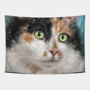 Painting of an Adorable Calico Tri-Color Cat with Gorgeous Green Eyes Tapestry