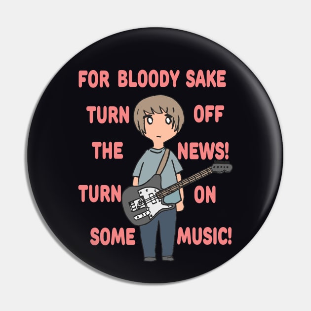 Turn Off the News, Turn On Some Music in Rocker Guitar Boy Quote - Slogan Design Pin by Al-loony