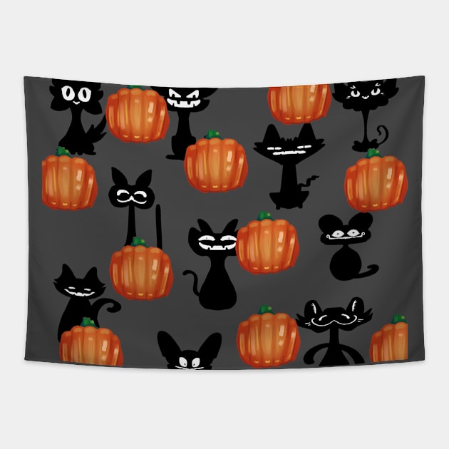 Cat 'n' Pumpkin | Halloween Black Cat Tapestry by GeorgiaGoddard
