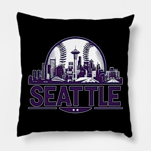 Retro Vintage Purple Seattle Baseball Cityscape Pillow