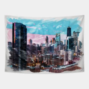 Chicago USA Unique Watercolor Travel Souvenir Fine Art Tapestry