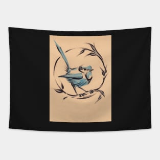 Little Blue Bird:   Sumi-e painting on vintage watercolor paper Tapestry