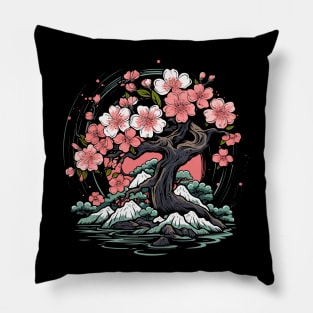 Vintage Mount Fuji Cherry Blossoms Geisha Japanese Garden Pillow