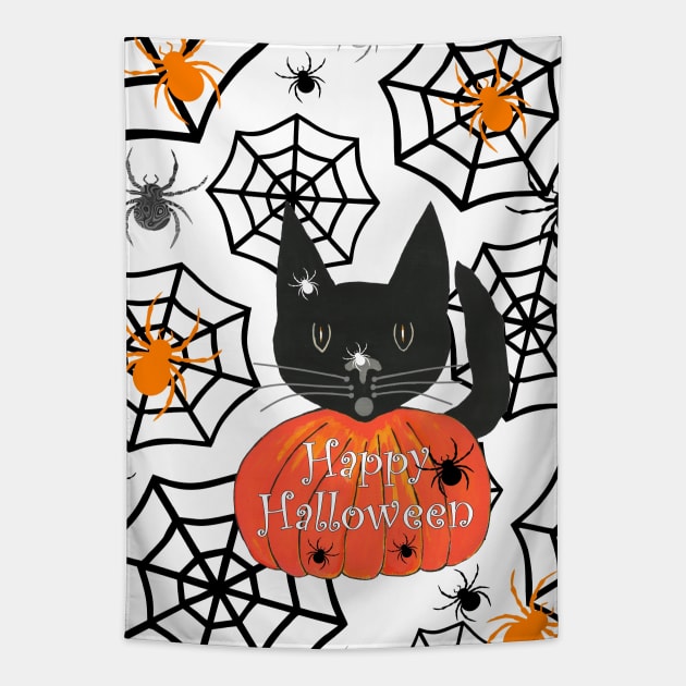 BLACK Cat Halloween With Spiders Tapestry by SartorisArt1