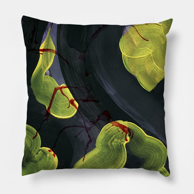 Algae, corals. Futuristic sparkling light trails of yellow-gray watercolor waves. The effect of glowing shiny light spiral lines. Golden, sparkling magic gold particles. Design for print, fabric, poster, wallpaper, cover and packaging. Pillow by Olesya Pugach