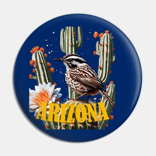 Arizona Cactus Wren Surrounded By Cactus Blossom Pin