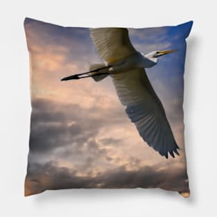 A White Egret Flies Off Under An Evening Sky Pillow