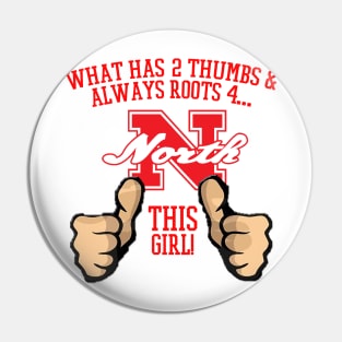 What has 2 thumbs and roots for Big Red, THIS GIRL Pin