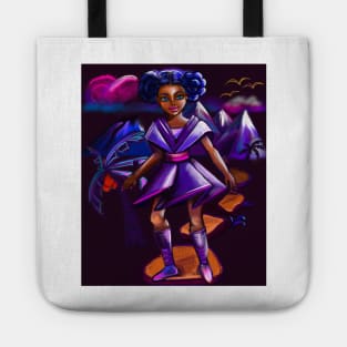 Anime girl with two puffs and lighting. Black afro anime girl in purple space fantasy scene ! beautiful  black girl with Braided hair, blue eyes, Cherry pink lips and dark brown skin. Hair love ! Tote