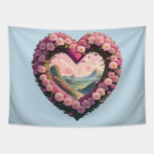 Pink Floral Heart Framing Landscape Tapestry