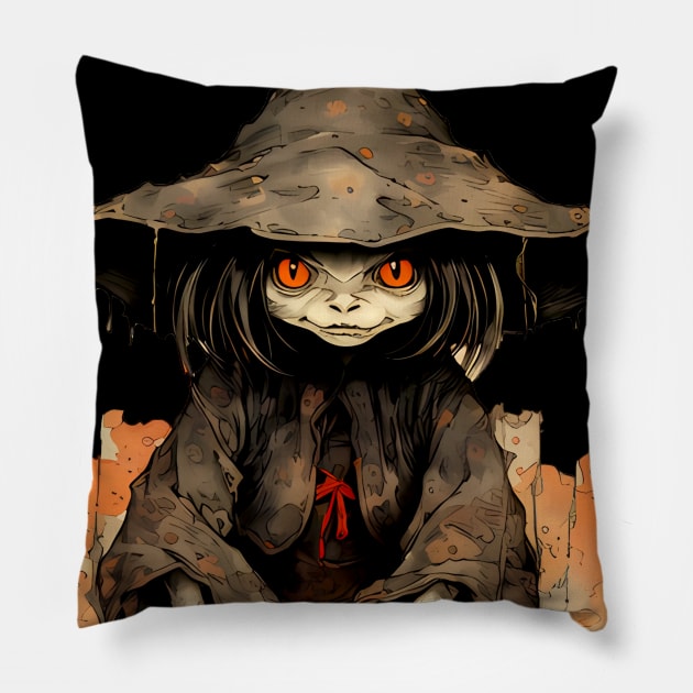 Halloween Apprentice: The Little Goblin Witch on a dark (knocked out) background Pillow by Puff Sumo