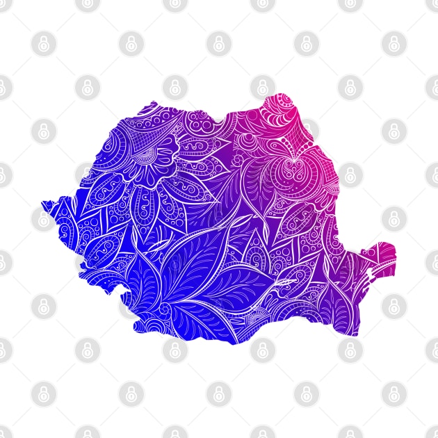 Colorful mandala art map of Romania with text in blue and violet by Happy Citizen