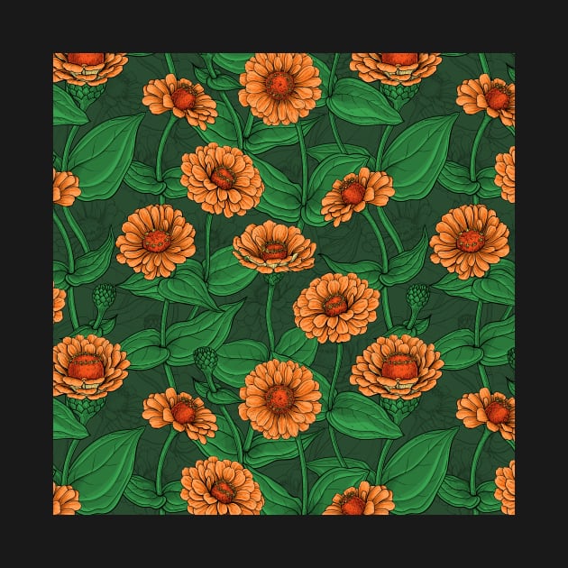 Orange Zinnia flowers, green leaves on dark green by katerinamk