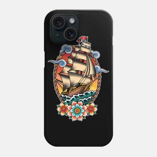 Traditional Tattoo Sailing Ship, Clipper Ship Illustration Phone Case by Seven Relics