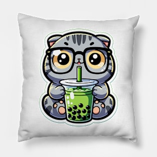 A cute gray cat who likes matcha sticker Pillow