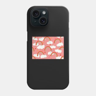 Clouds, rainbows and love hearts on a rose pink background Phone Case